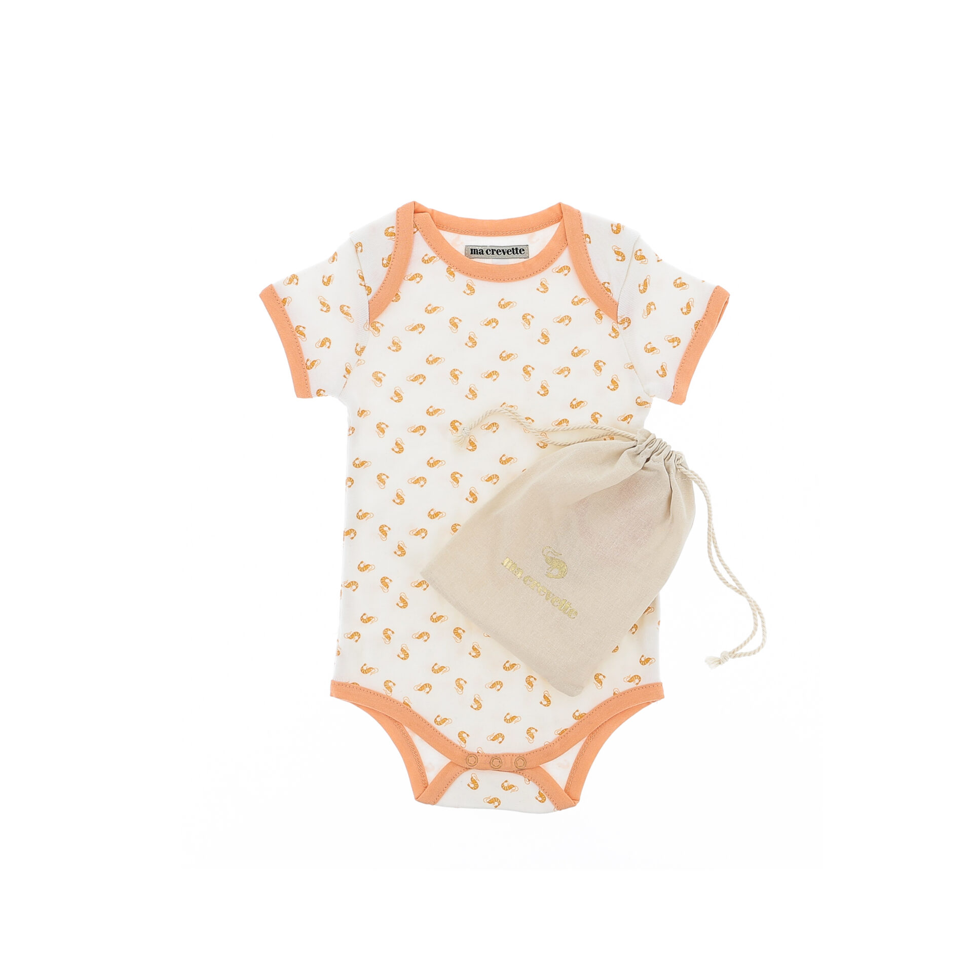 body naissance motif crevettes oranges avec sa pochette